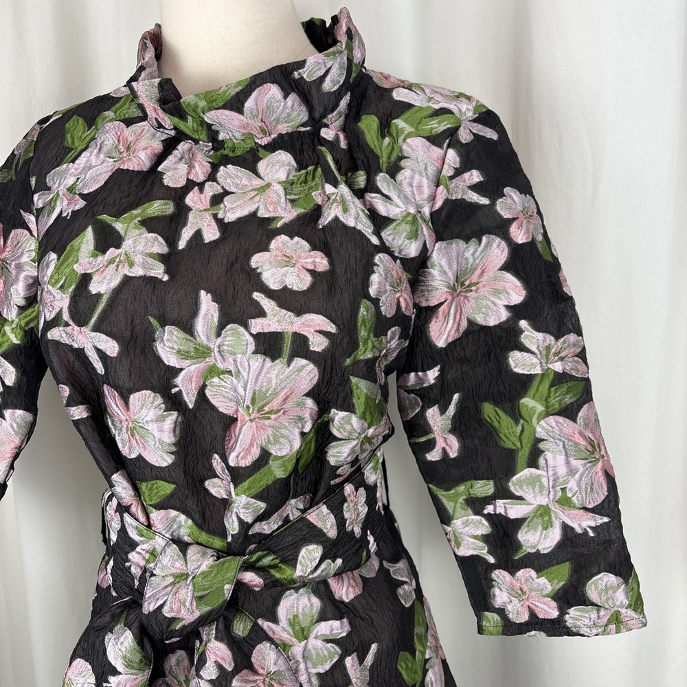 Abbey Glass Claudine Organza Floral Jacquard Ruffle Mock Neck Shift Dress Sz M - Picture 2 of 5